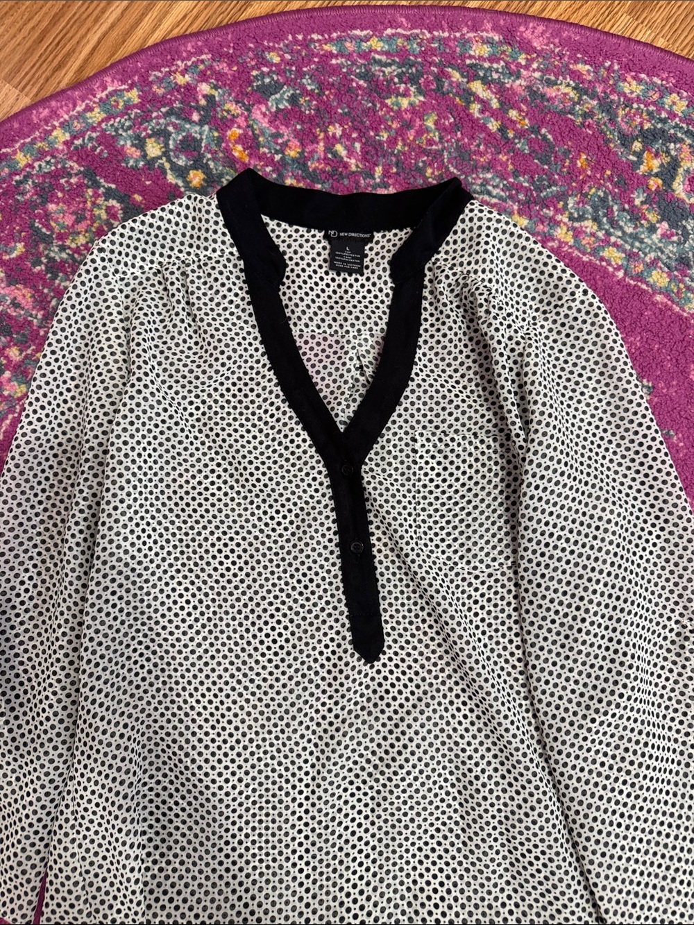 Black Trim White Dot Henley Blouse - Unknown Brand